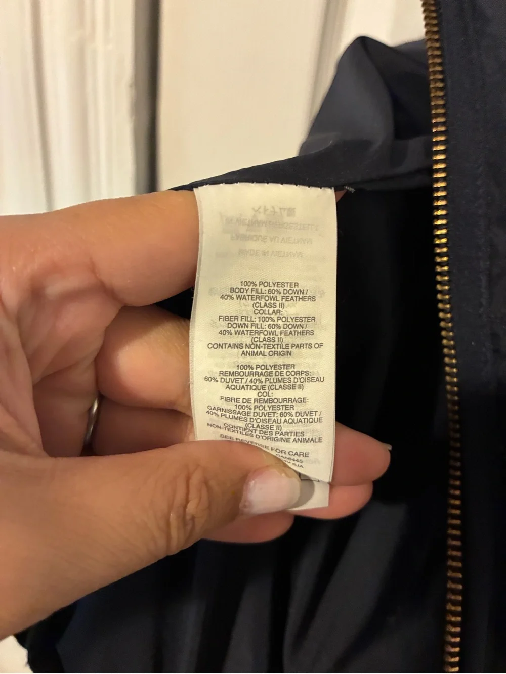 J. Crew Navy Quilted Down Puffer Jacket with Gold Zipper